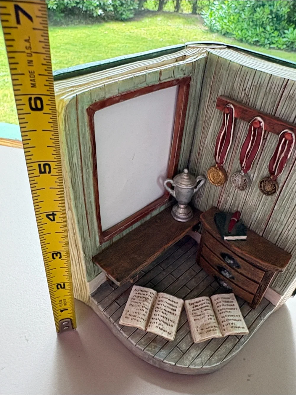 Picture frame decoration with open book and awards